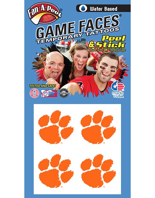 Clemson University Tigers - Water Based Temporary Spirit Tattoos - 4-Piece - Orange Tiger Paw Print Logo - Fanapeel