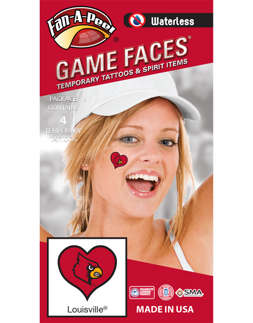 W-C-HRT-200-R_Fr - University of Louisville (U of L) Cardinals - Waterless Peel & Stick Temporary Spirit Tattoos - 4-Piece - Louie Bird Head Logo on Red Heart