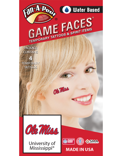 CF-30_Fr - University of Mississippi (Ole Miss) Rebels - Water Based Temporary Spirit Tattoos - 4-Piece - Red/Navy Blue Ole Miss