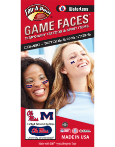 CP-30-R_Fr - University of Mississippi (Ole Miss) Rebels - Waterless Peel & Stick Temporary Tattoos - 12-Piece Combo - 4 Red/Navy Blue Ole Miss & 4 Navy Blue/Red M logo Spirit Tattoos & 4 Red Ole Miss on Navy Blue Eye Strips