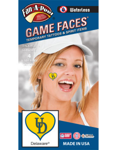 W-C-HRT-171-R_Fr - University of Delaware (UD) Fightin’ Blue Hens - Waterless Peel & Stick Temporary Spirit Tattoos - 4-Piece - Blue UD Logo on Yellow Heart