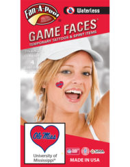 W-C-HRT-30_Fr - University of Mississippi (Ole Miss) Rebels - Waterless Peel & Stick Temporary Spirit Tattoos - 4-Piece - Navy Blue Ole Miss on Red Heart