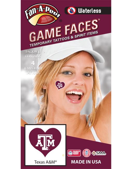 W-C-HRT-69_Fr - Texas A&M University (TAMU) Aggies - Waterless Peel & Stick Temporary Spirit Tattoos - 4-Piece - White TAM Logo on Maroon Heart