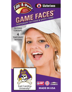 W-CL-43_Fr - East Carolina University (ECU) Pirates - Waterless Peel & Stick Temporary Spirit Tattoos - 4-Piece - Skull Head w/ Purple ECU Hat Logo