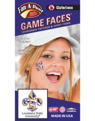 W-CX-50_Fr - Louisiana State University (LSU) Tigers - Waterless Peel & Stick Temporary Spirit Tattoos - 4-Piece - Purple/Gold Tiger Eye Fleur De Lis Logo